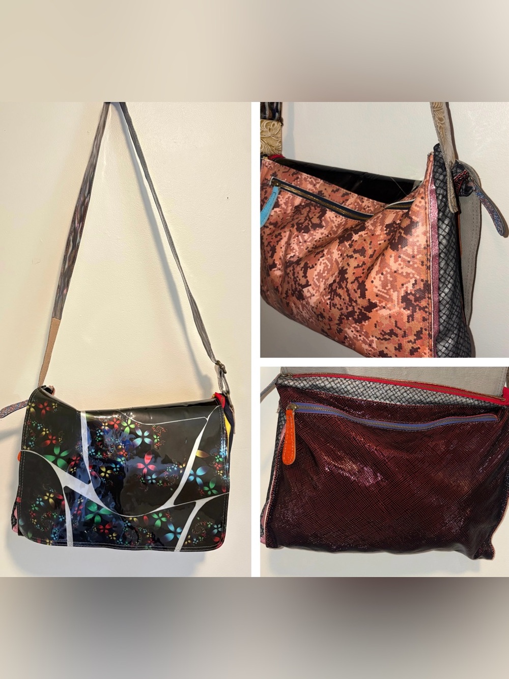 Ebarrito Italian Patchwork Leather Messenger Bag Crossbody Floral Art Unique - Picture 2 of 15